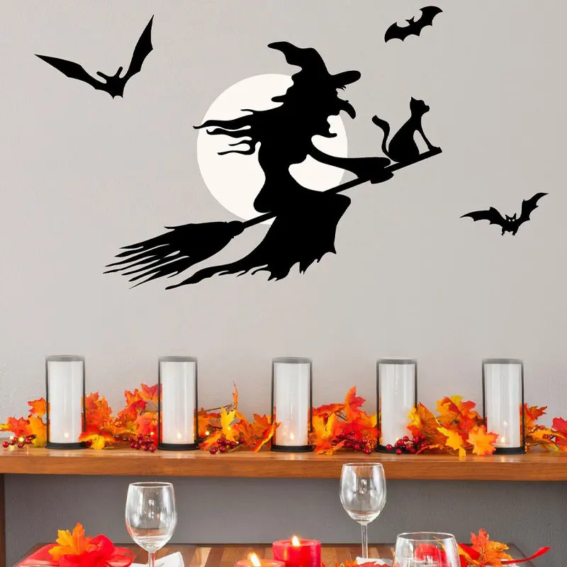 

Flying Witch on Broom with Moon and Bats Halloween Holiday Vinyl Wall Decal Art Sticker Home Decor for Living Room Bedroom AC32