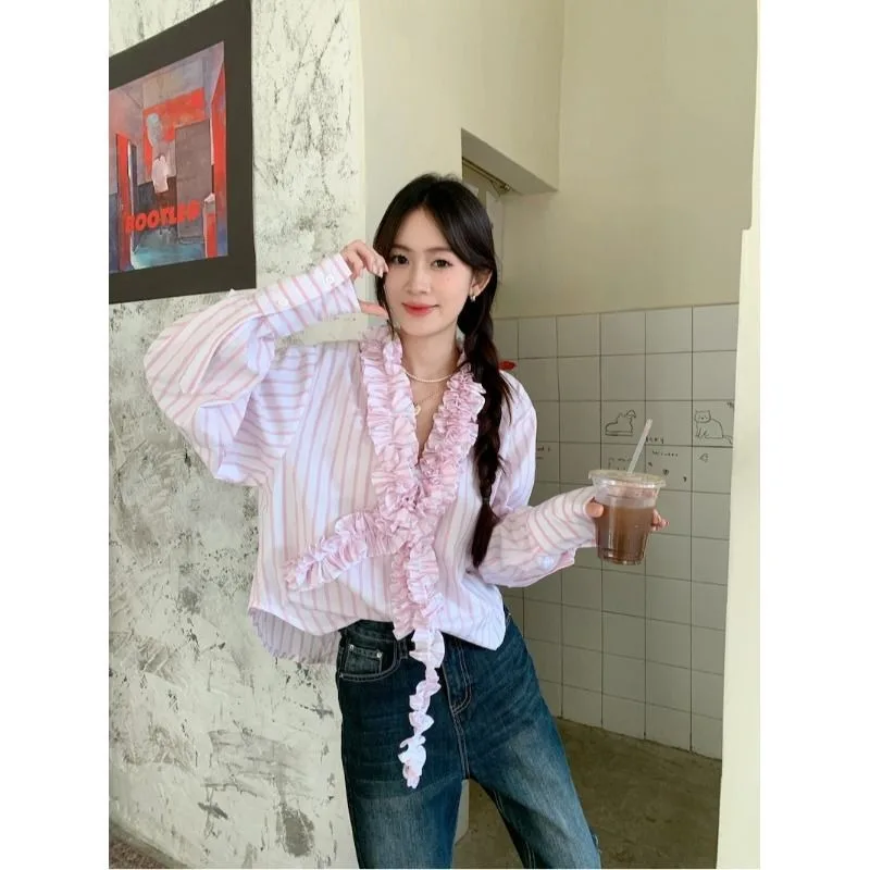 

Deeptown Pink Striped V Neck Women Shirt Sweet Long Sleeve Ruffles Patchwork Korean Fashion Baggy Blouses Youthful Aesthetic