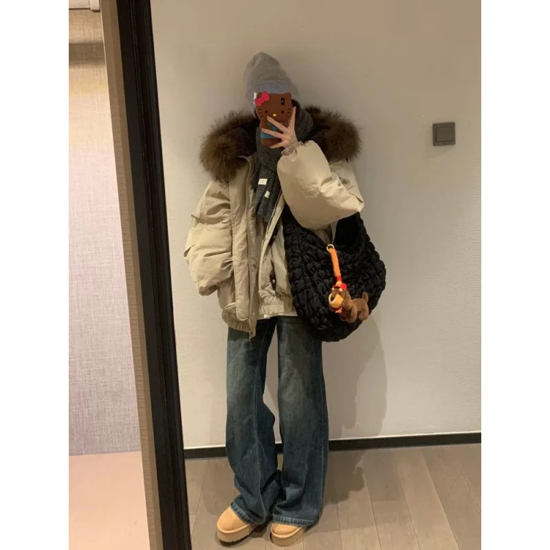 코너 버튼 패딩 코트 여성용 겨울 신상 루즈핏 빅 퍼 칼라 패딩 재킷 스몰 코트