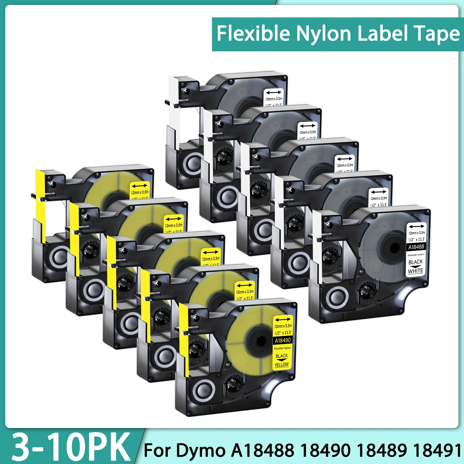 

3-10 шт. гибких нейлоновых лент для этикеток, совместимых с DYMO A18488 18489 18490 18491, 12 мм/18 мм, промышленные этикетки для Dymo Rhino 5200