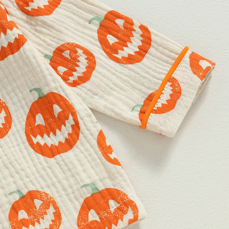 2023-07-08 Lioraitiin 0-4Years Toddler Baby Boy Girl Halloween Sleepwear Outfits Pumpkin Print Front Button Long Sleeve Top Pant