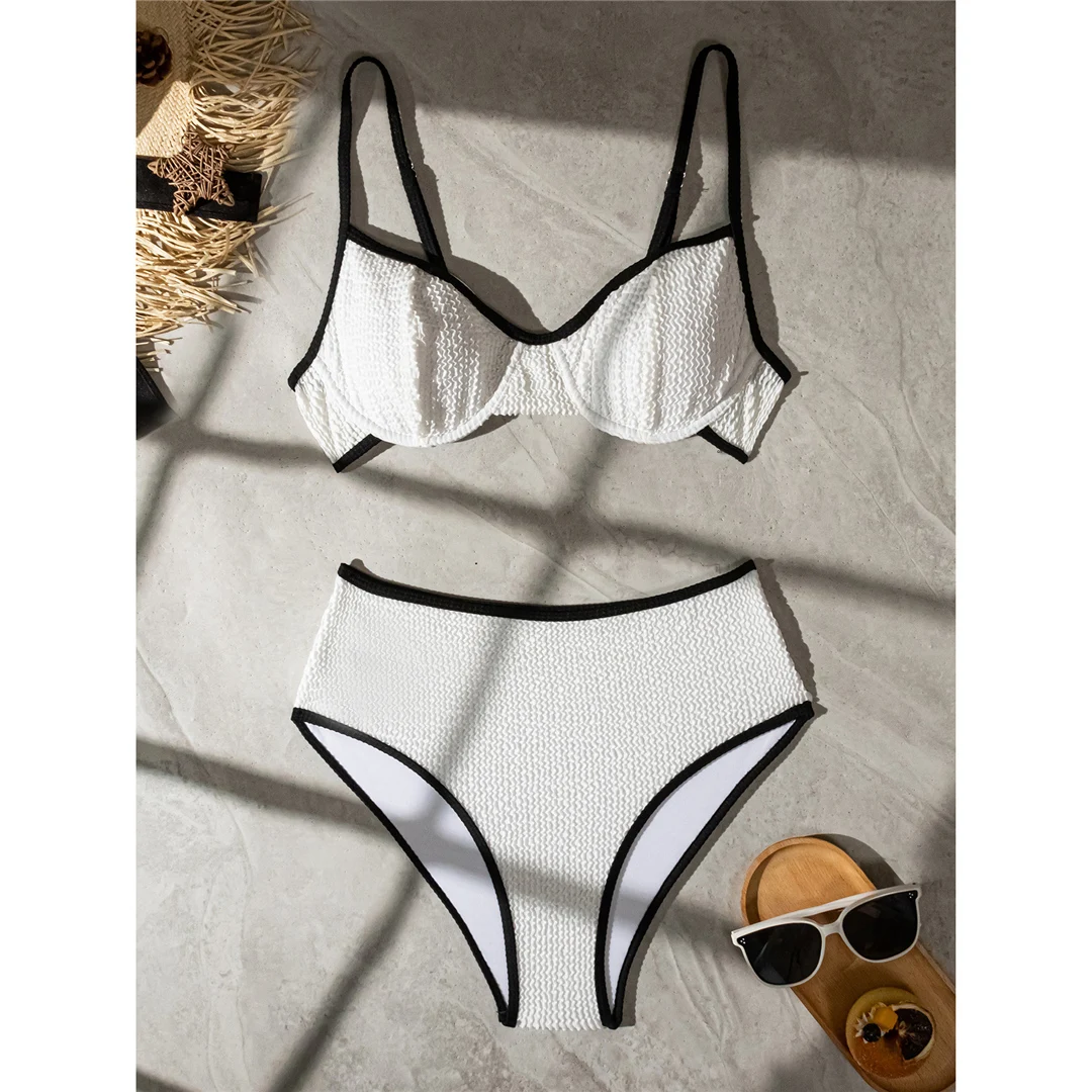 Gefältiger, geraffter, mit Bügel verstärkter Damen-Badeanzug, Bikini mit hoher Taille, zweiteiliger Bikini-Set, Badebekleidung, Badeanzug V5218 – Detail 10