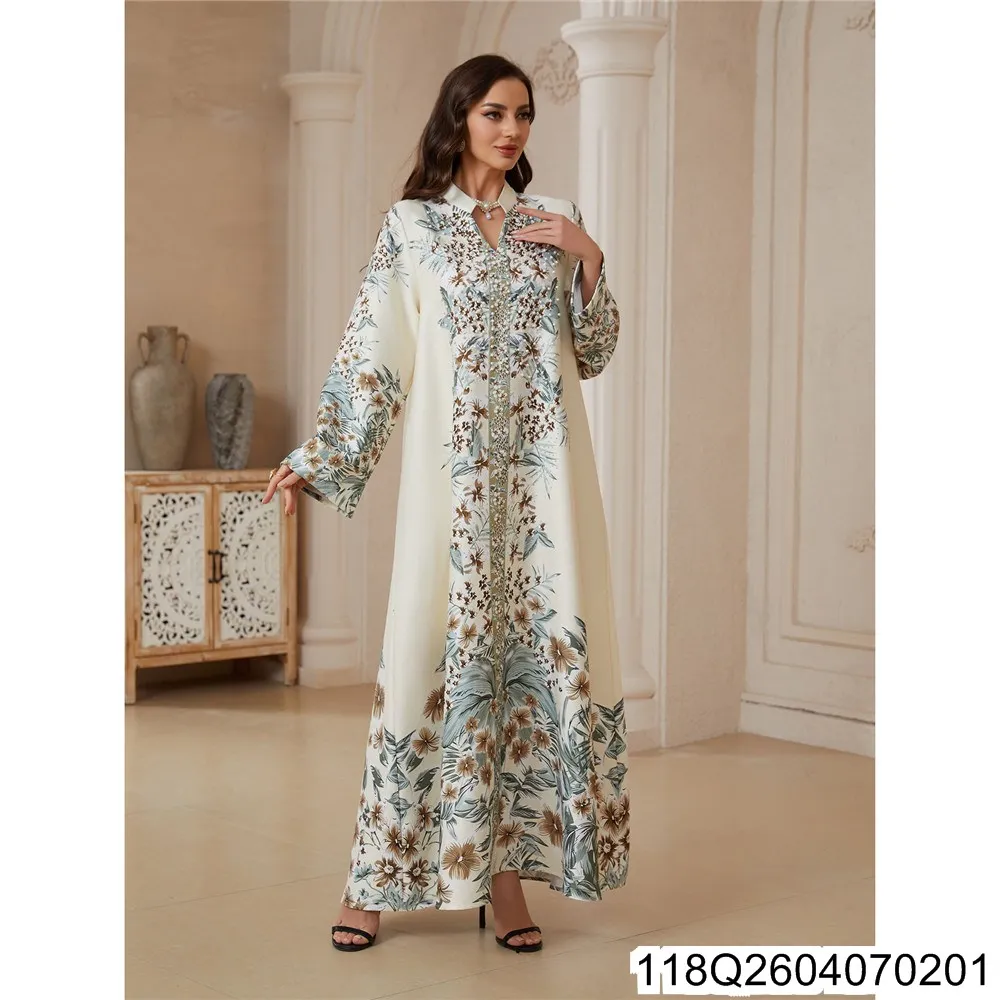 

Новое длинное платье из Дубая 2026 года с модным принтом, длинными рукавами, мусульманский халат и платье с бриллиантовой отделкой 118Q26040702