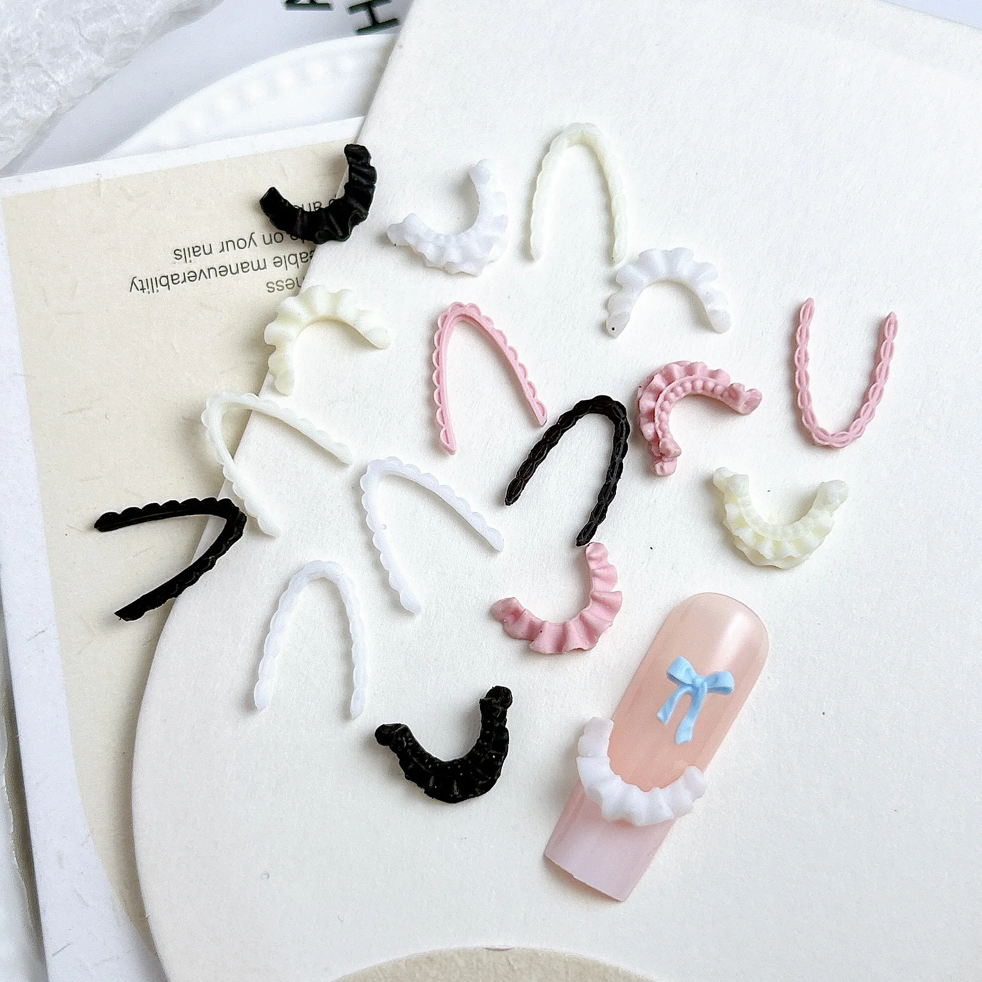 30PCS Multi-colors French Lace Floral Belt Resin Nail Charms 3D Minimalist Princess Lace Ribbon Nail Art Decorations DIY Nails