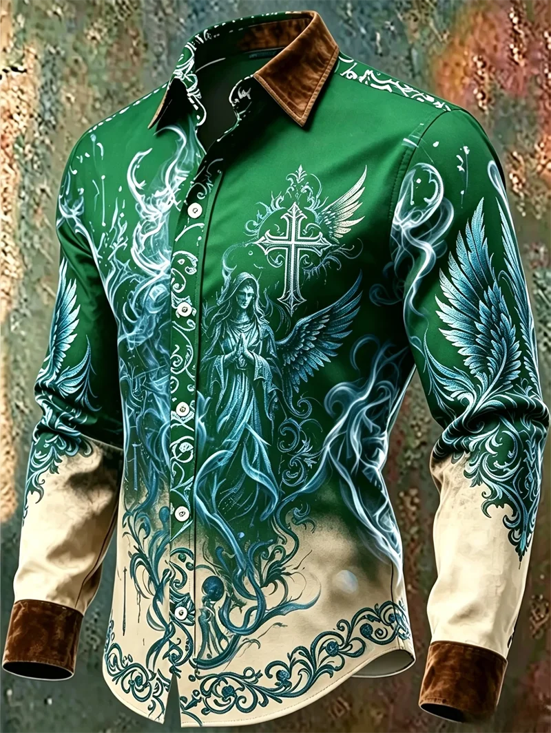 New Gradient Contrasting Art Geometric Print Men's Long Sleeved Shirt Trendy Brand Casual Slim Fit Shirt Clothing