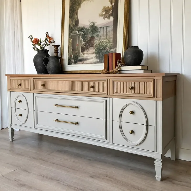 Retro Solid Wood TV Cabinet American Light Luxury Simple Glass Door Floor Locker for Villa Living Room Dining Side Cabinet