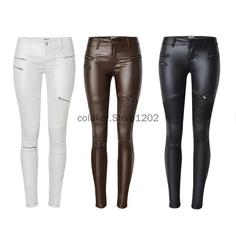 

Women's Pu Slim Pants Zippered Faux Leather Stretch Skinny Fit Motorcycle Jeans in White Brown Black Pencil Biker Pants