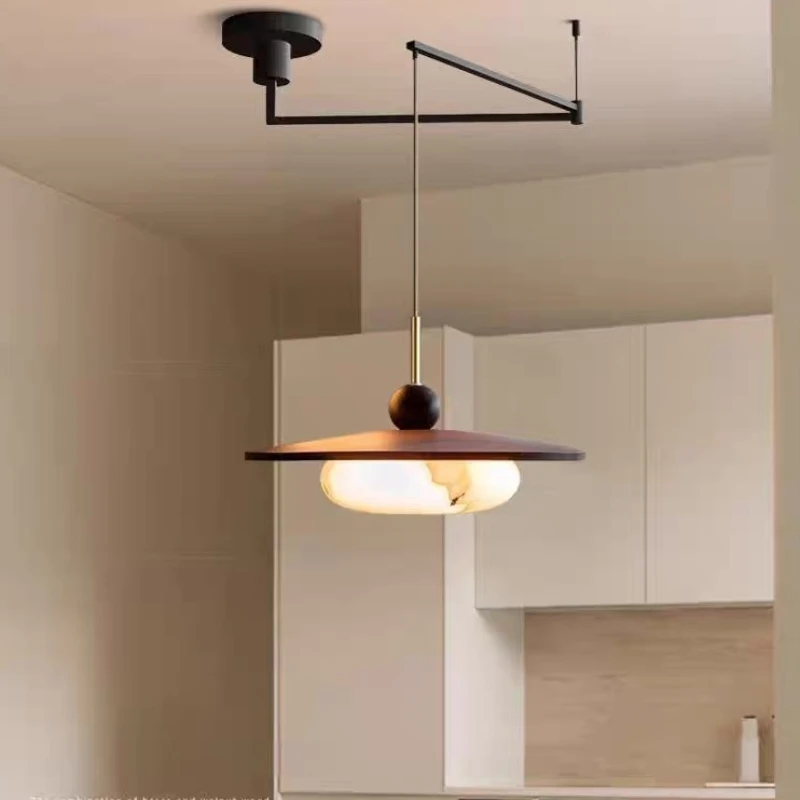 Żyrandol z marmurowego szkła, nordyckie drewniane lampy wiszące LED, imitacja, do restauracji, gabinetu, salonu, lampa sufitowa z ruchomym ramieniem.