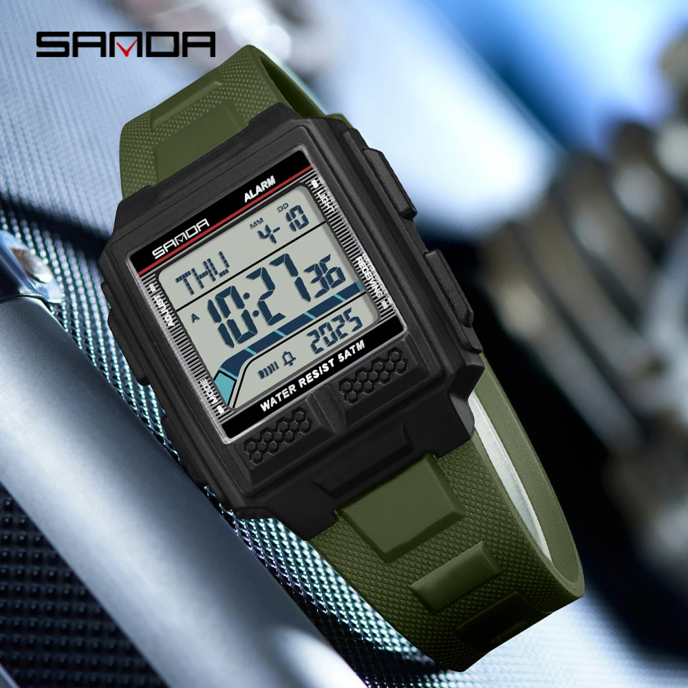 SANDA Men's Sports Electronic Watch 5ATM Waterproof Night Light Countdown Stopwatch Alarm Clock 3D Stereoscopic Case