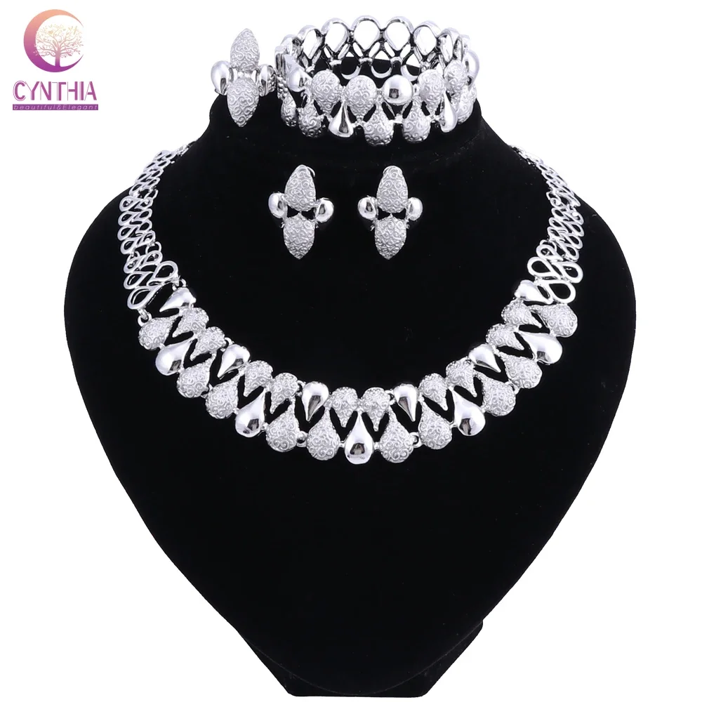 Fashion Wedding Dubai Africa Nigeria African Jewelry Set Silver-color Necklace EarringsRomantic Woman Bridal Jewelry Sets