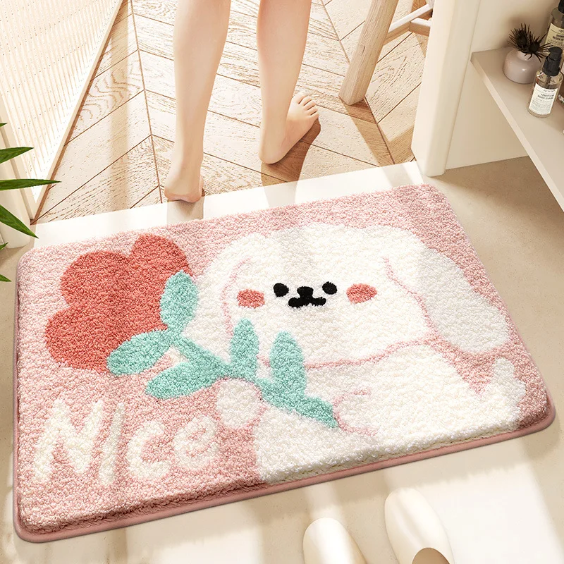 40*60cm Bath Mat Cute Pink Cartoon Dog Bathroom Rug Bathtub Anti-slip Toilet Entrance Absorbent Carpet Shower Foot Mats Supplies