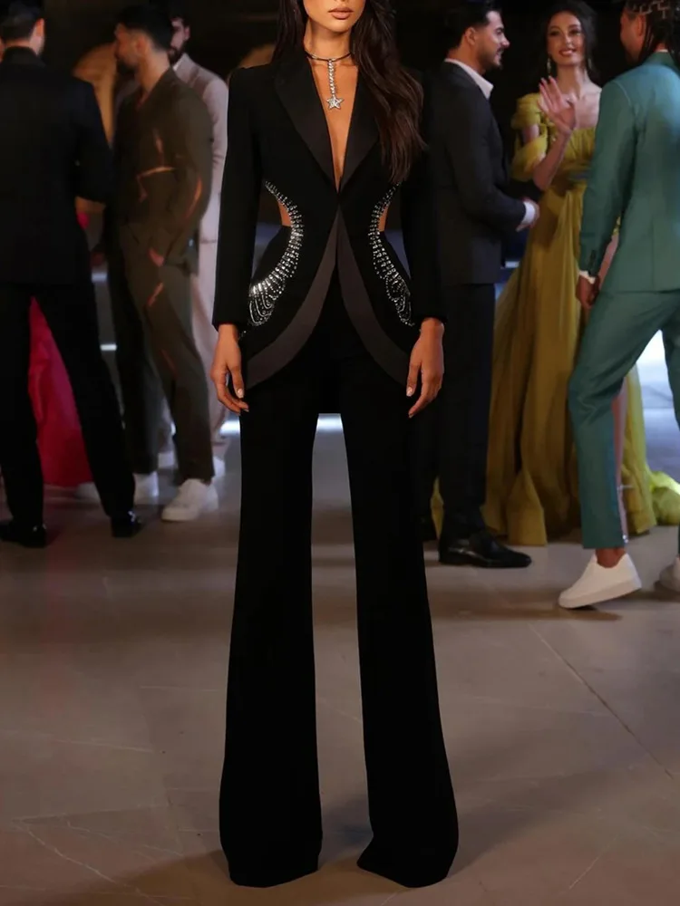 HIGH STREET Newest 2024 Designer Suit Women Beaded Diamonds Hollow Out Single Button Jacket Pants Set 2PCS