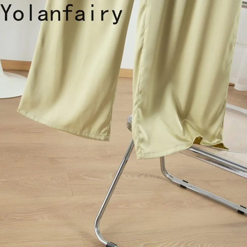 YOLANFAIRY 93% Real Mulberry Silk Pants for Women Summer High Waist Wide Leg Pants Casual Woman Smooth Satin Trousers Fashion