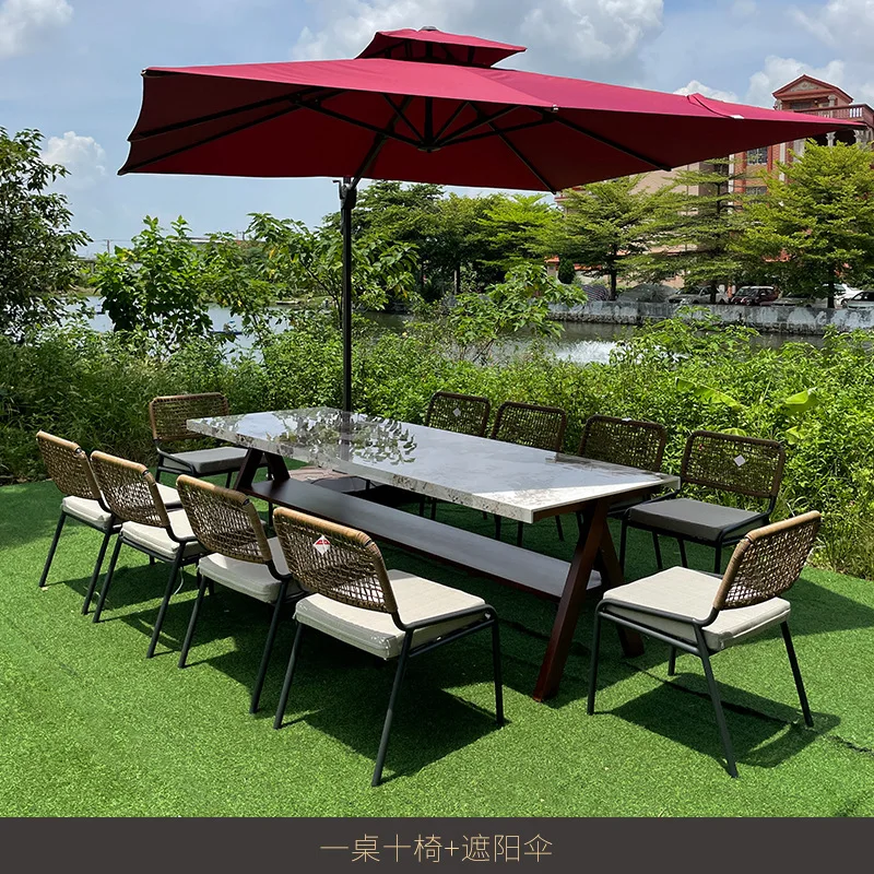 Outdoor leisure rattan weaving tables and chairs outdoor garden courtyard marble tea table waterproof sunscreen chairs