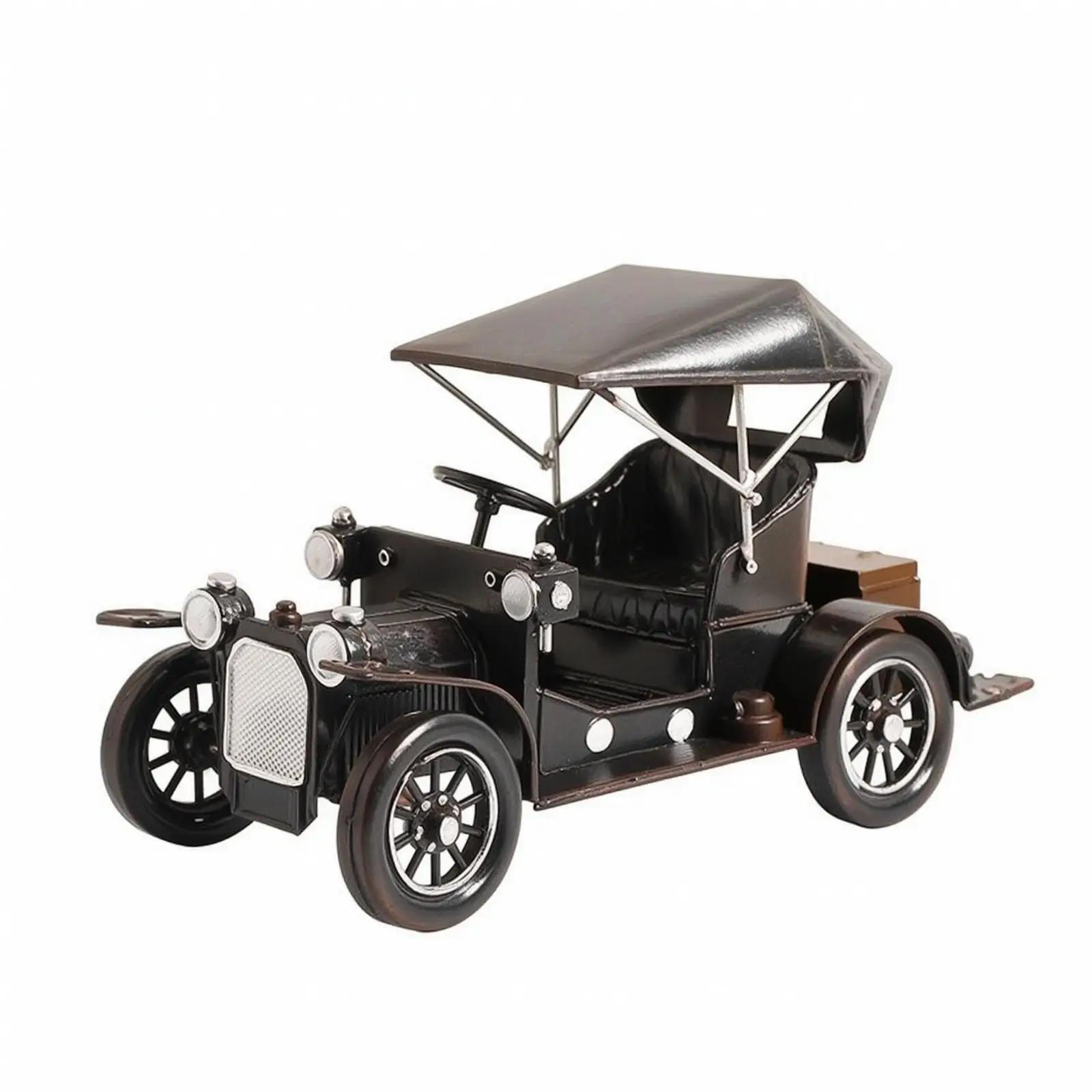 Antique Wrought Iron Car Figurine Vintage Vehicle Model with Headlights Spoked Wheels Eye Catching Tabletop Decor for Office