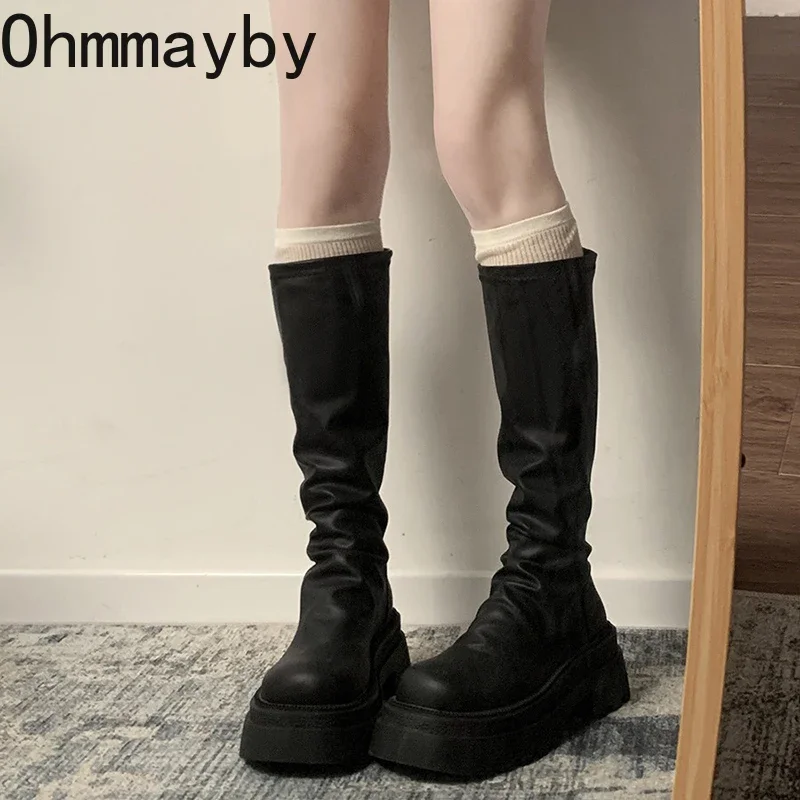 Chunky Women Knee High Boots Fashion Back Zippers Knight Long Boots Platform Heels Autumn Winter Ladies Shoes