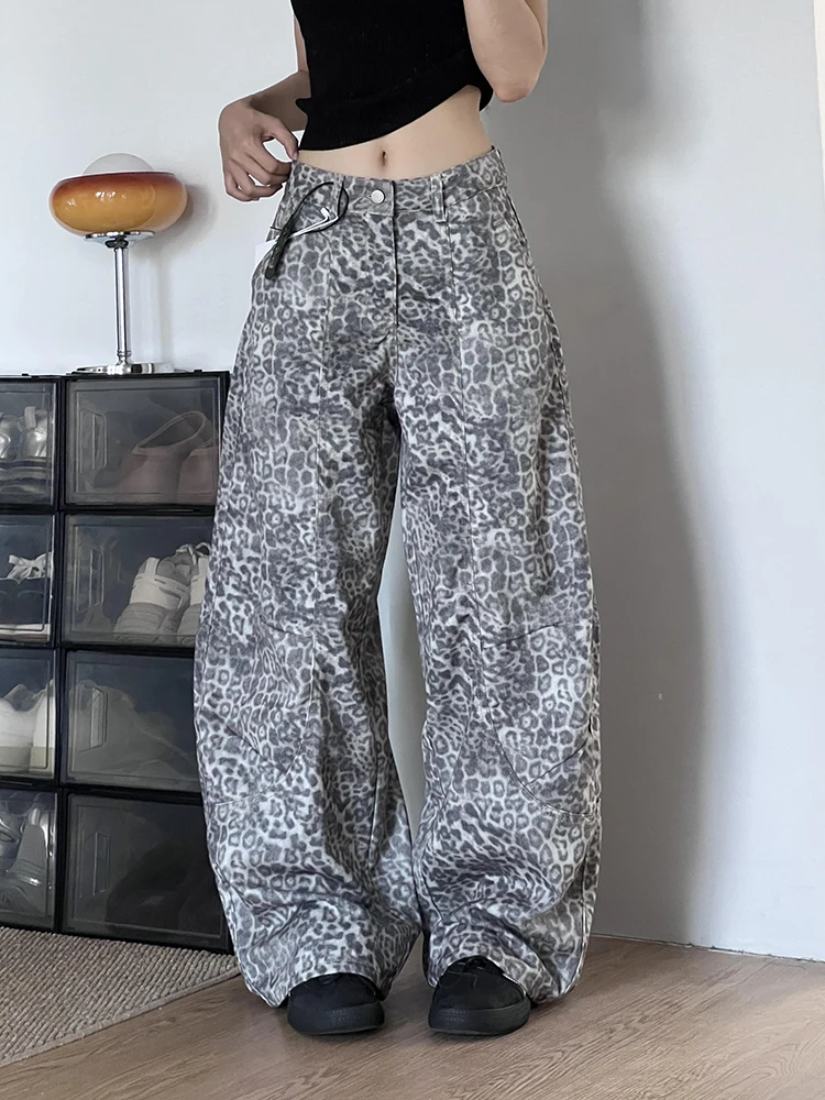 

American Retro Waed Leopard Print Wide Leg Jeans Hip Hop Street Dance Pants Men Women Small Design Sensation Floor-Length P...
