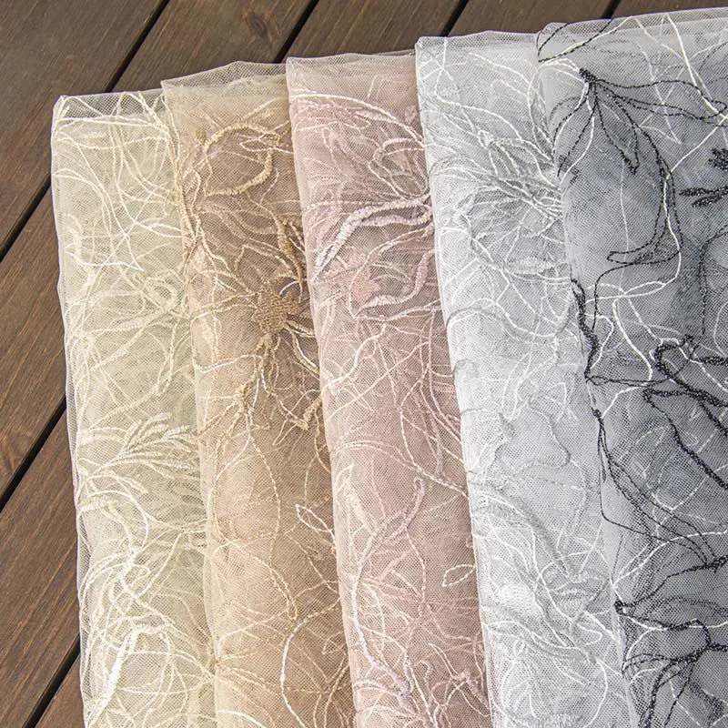 

New Embroidered Mesh Fabric with Silver Wire Lotus for DIY Dress Wedding Decoration Designer Fabric By The Yard