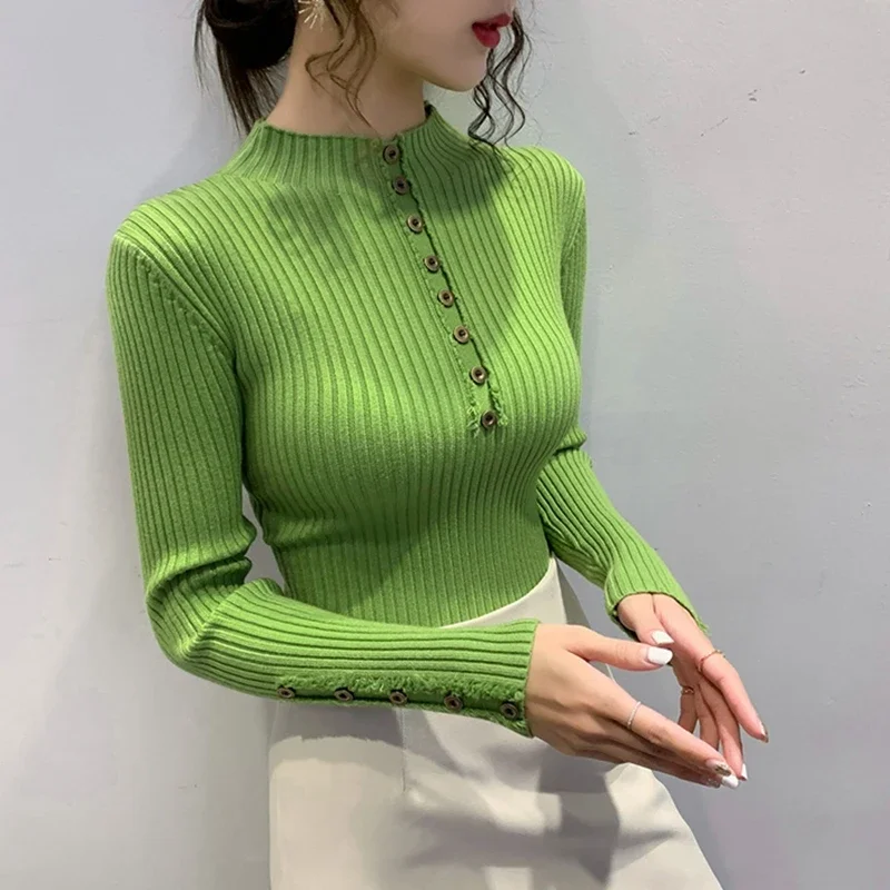 Women Buton Winter Pullovers 2024 Fashion Casual Long Sleeve Sweaters Korean Clothes Slim Sexy Elegant Basic White Black Sweater