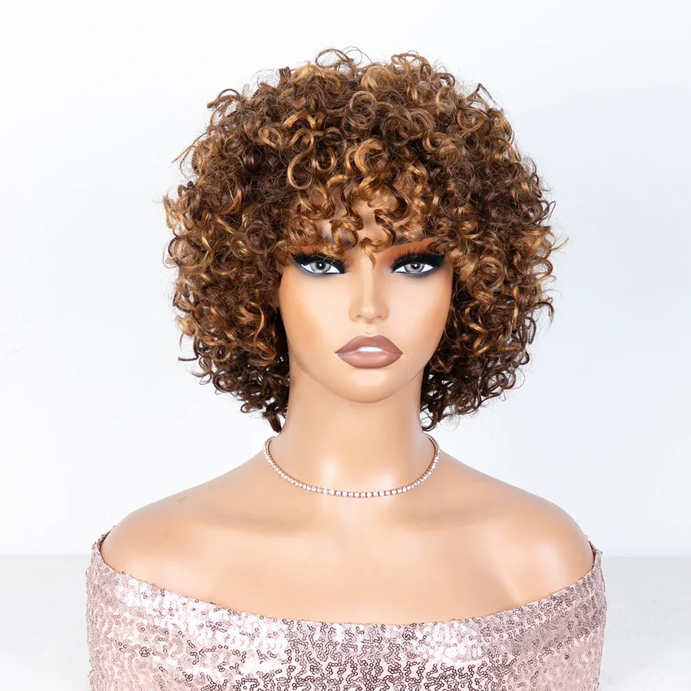 

Short Pixie Bob Cut Human Hair Wigs with Bangs Jerry Curly Full Machine Made Wig Highlight 4/30 Water Wave Wigs For Women