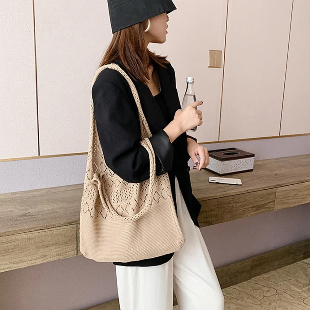 

Knitted Bag Hollow Design Women Tote Bags Shoulder Bag Crochet Handbags Fashion Purse Lightweight Travel Date School Work