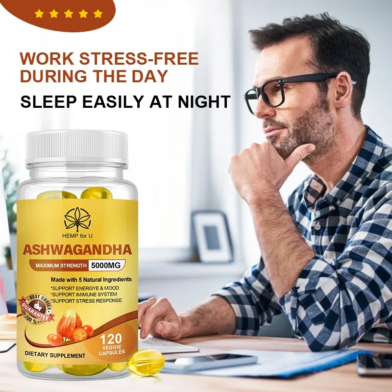 5 in1 Equivalent to 5000mg Combined with Turmeric, Black Pepper,Rhodiola & Rosemary Support Mood and Sleep-Ashwagandha Capsules