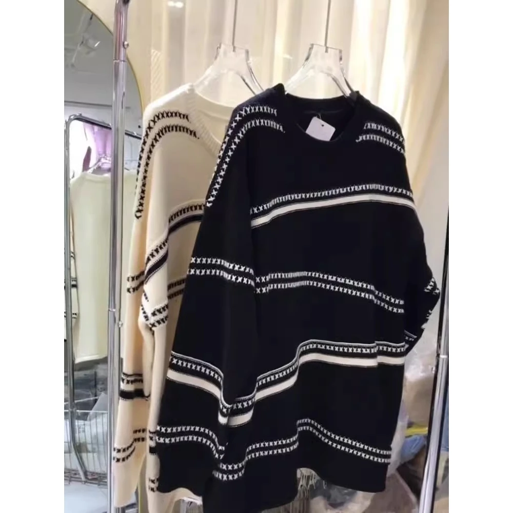 

Мужской свитер оверсайз 300 Pou, осенне-зимний, с длинными рукавами, черно-белыми полосками, свободный, средней длины, вязаный