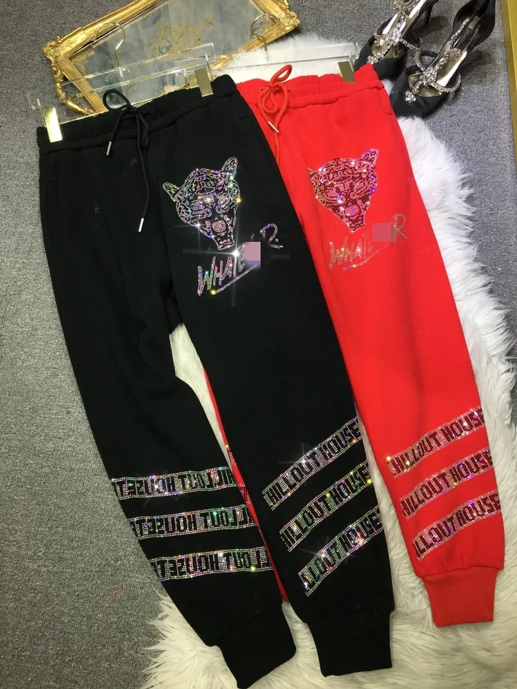 Hot Blingbling Luxury Drilling Women Sweatpants Fleece Thicken Leopard Athleisure Trousers Streetwear Drawstring Elastic Waist