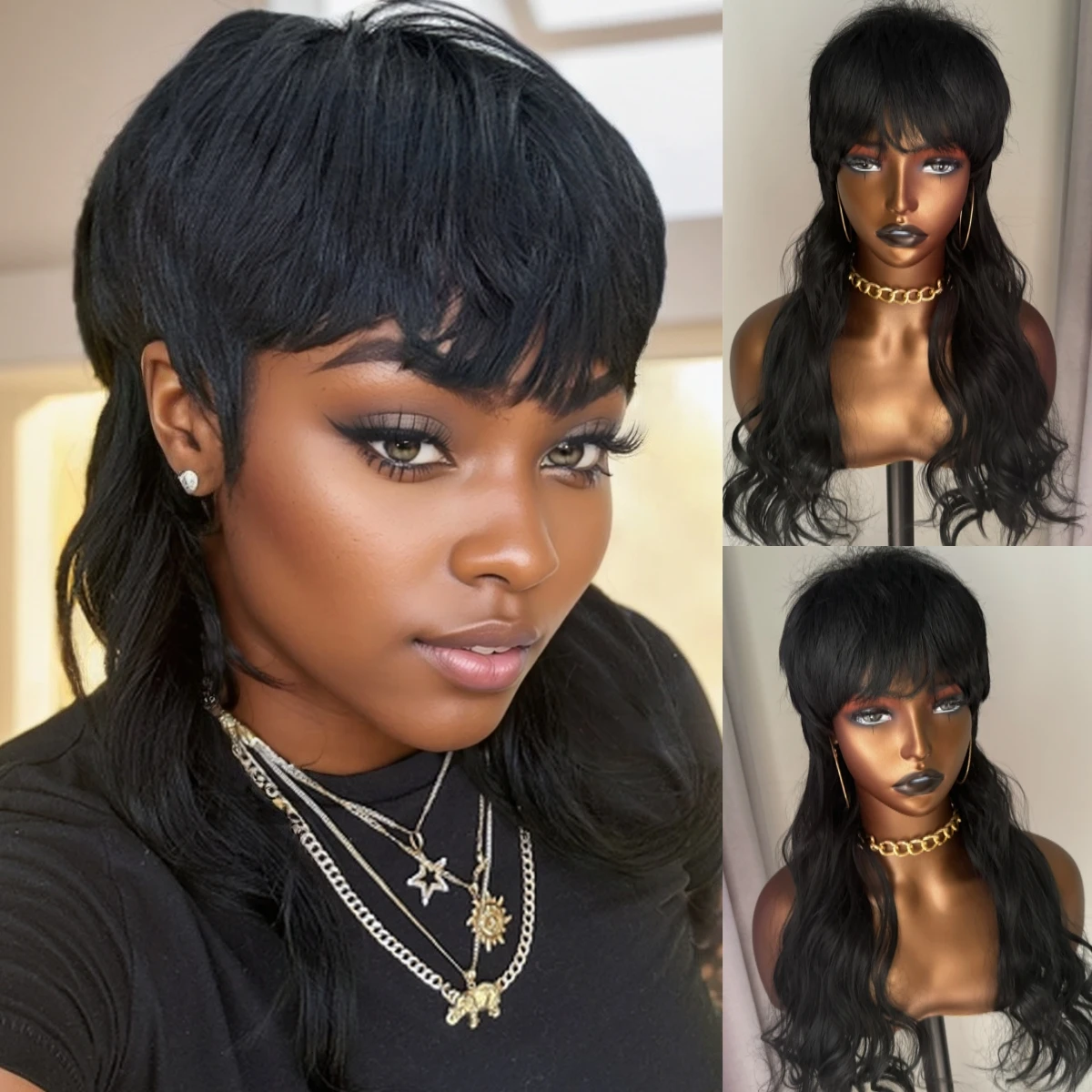 

WIGERA Synthetic Black Short Pixie Cut Wigs Wolf Cut Dovetail Body Wave Wigs Long Straight Water Wave Wig With Bangs For Women