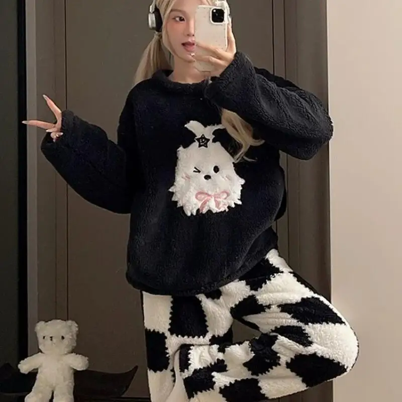

Women's Sweet Homewear Pajamas Pants Flannel Coral Fleece Sleepwear Girl Black Round Neck Hood Thicken Homeclothes Outerwear
