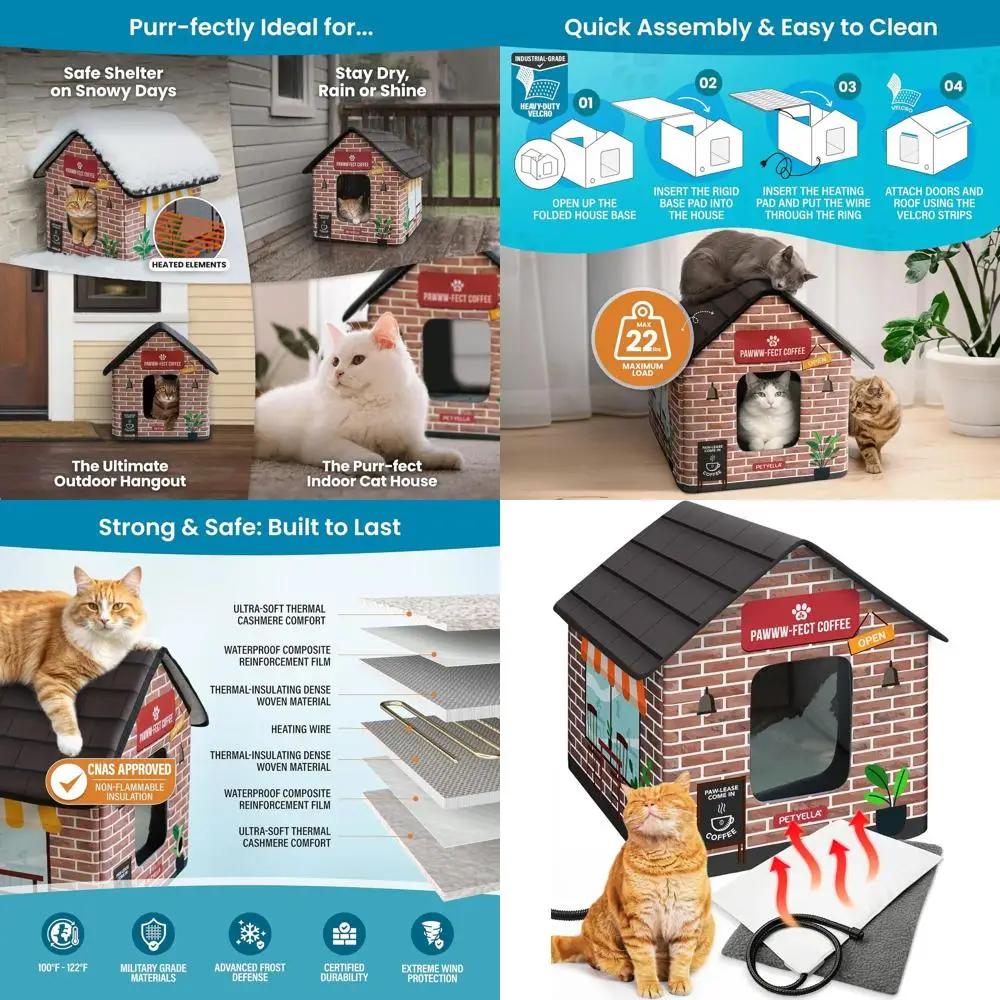 

Готовый к зиму изолированный кошачий домик с грелками, двумя дверцами, подходит для улицы и в помещении.