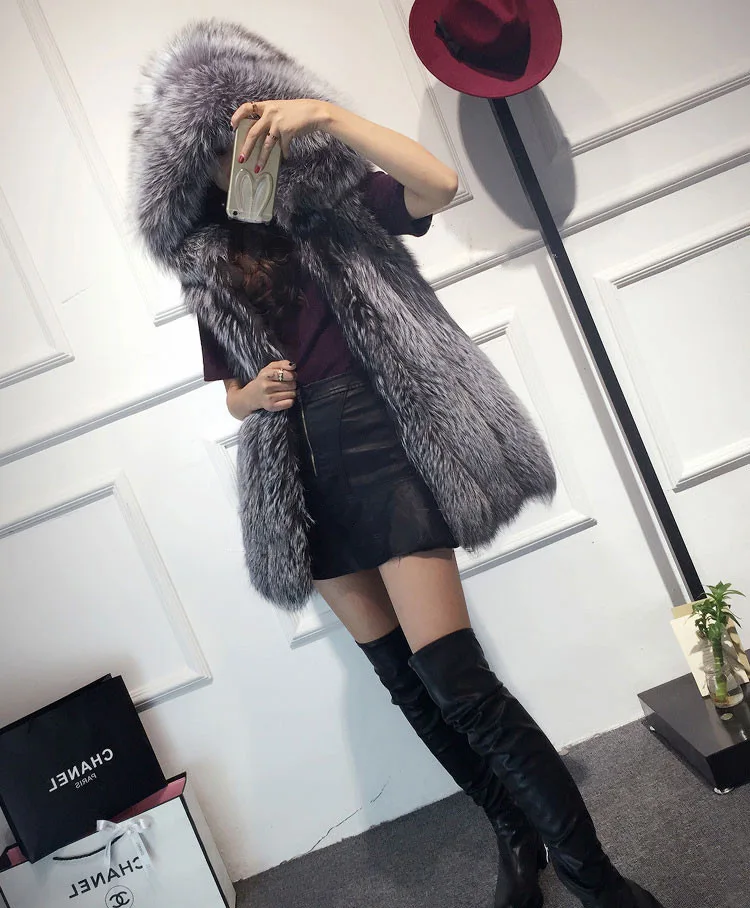 Women\'s Faux Fur Fox Fur Hooded Vest Vest Fur All-in-One Mink Stitching Atmospheric Fashion Vest