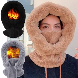 Gorro de lana grueso de una pieza para mujer, gorro esponjoso de punto, conjunto de máscara de bufanda, capucha cálida de invierno para esquí al aire libre, gorros de felpa a prueba de viento