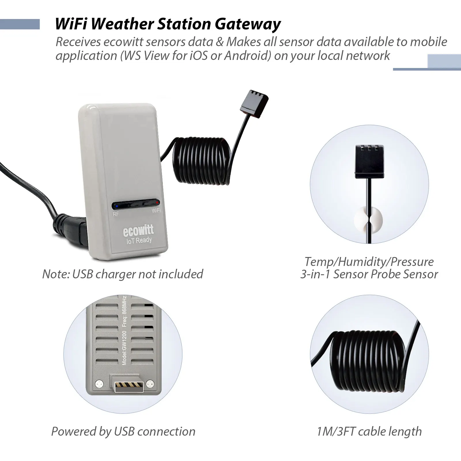 Imagem -03 - Ecowitt-gateway de Hub Wi-fi Termômetro Integrado Higrômetro Sensor de Pressão Barométrica Suporte a Dispositivo Iot Wfc01 Ac1100 Gw1200