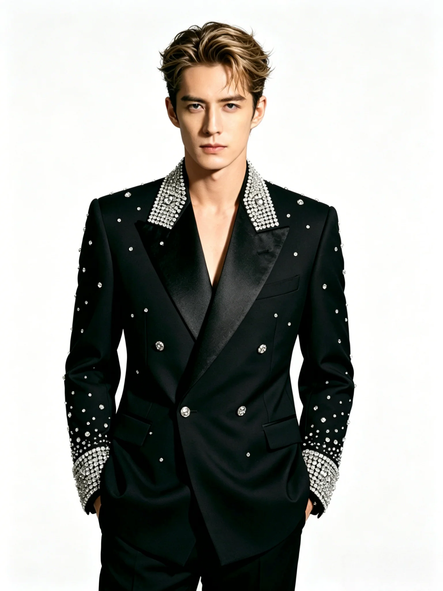 

2pcs Rhinestone Suit Crystal Embellished Black Tuxedo Suit for Men Handmade Blend Stage Costume Prom Wedding Groom Tuxedo Set