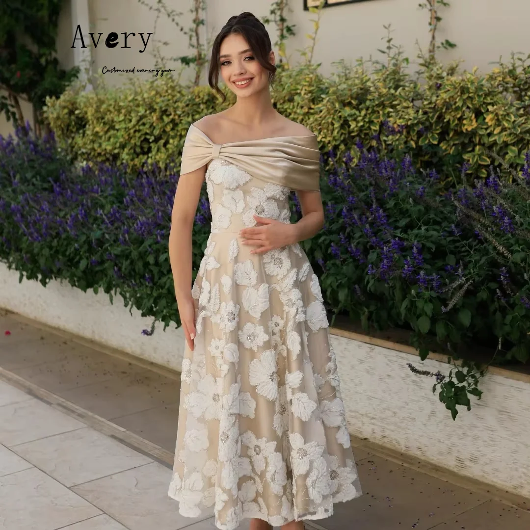 Avery مخصص زهرة خارج الكتف بلا أكمام ألف خط طويل أنيق امرأة فستان الحفلات المرأة الكرة فساتين لحضور الحفلات الموسيقية 2025 حفل
