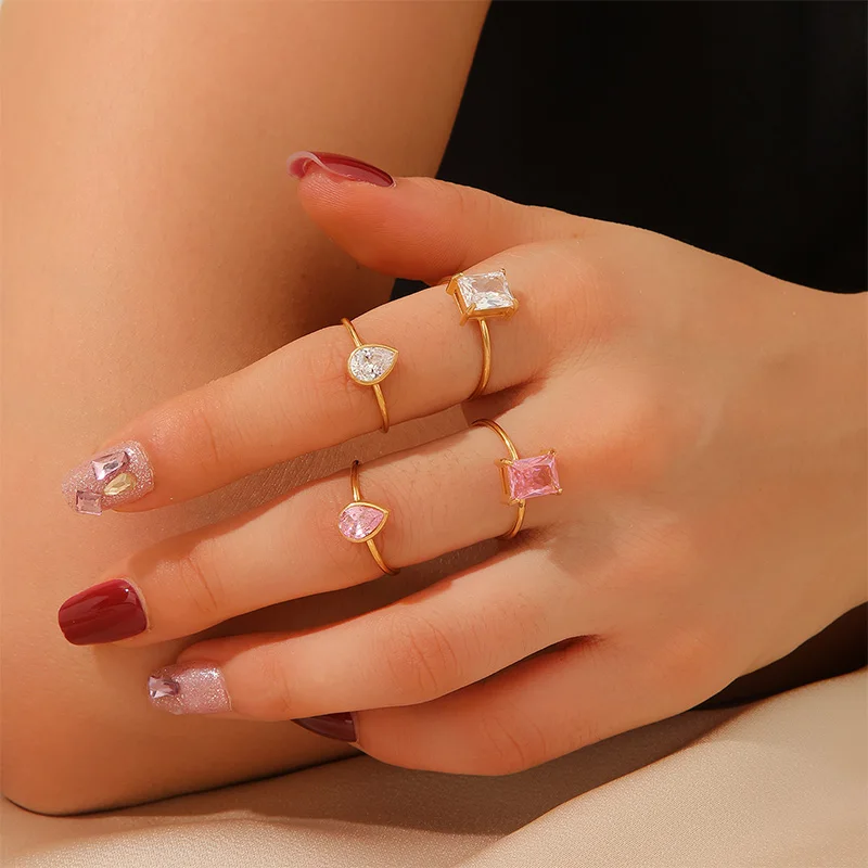 Letdiffery Fashion Colorful Square Teardrop Crystal Ring Stainless Steel Adjustable Pink White  Zircon Open Rings Gift for her
