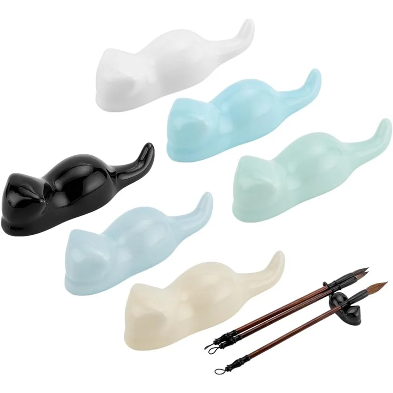 

A13E-Paint Brush Rest Stand For Calligraphy Painting Art 6PCS Cats Porcelain Brush Holder, 6 Colors Pen Rest Holders