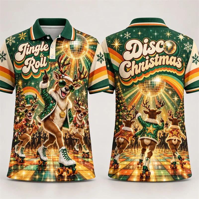 Mens Starry Night Moon Christmas Polo Shirt Short Sleeve Lapel Tee Disco Mirror Ball Galaxy Holiday Casual tshirt For Men