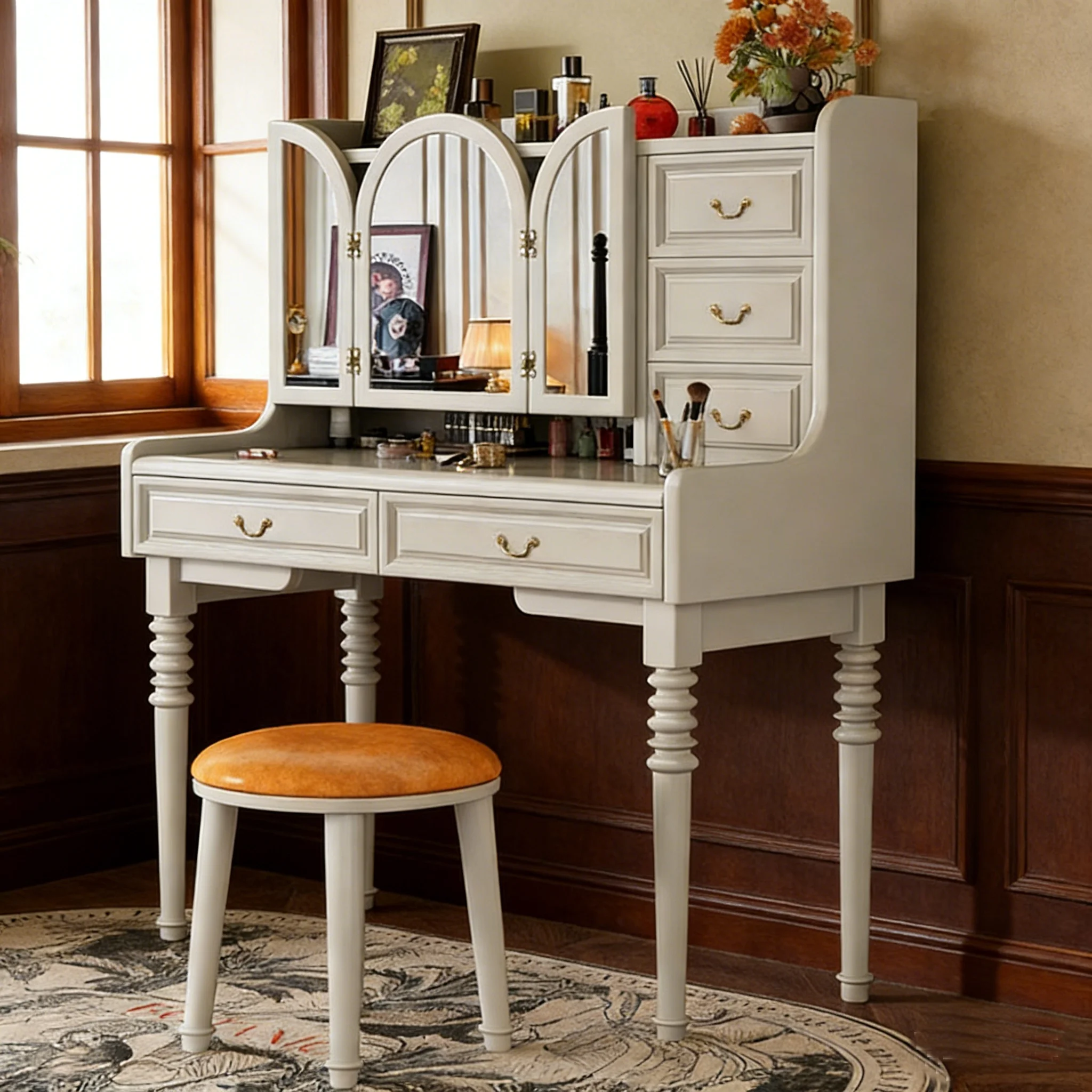 Vintage Solid Wood Dressing Table with Foldable Mirror and Flip-top for Small Bedroom