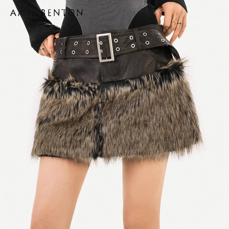 

Gothic Dark Rock Plush Reversible Women's Leather Skirt 2025 Autumn Winter Loose Versatile Short Skirts Ladies