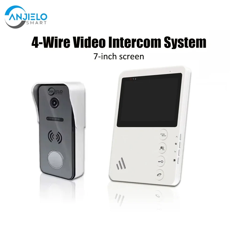 Anjielo sistema de campainha de vídeo de 4 fios de 4,3 polegadas com desbloqueio de cartão magnético e câmera AHD visão noturna e lente grande angular