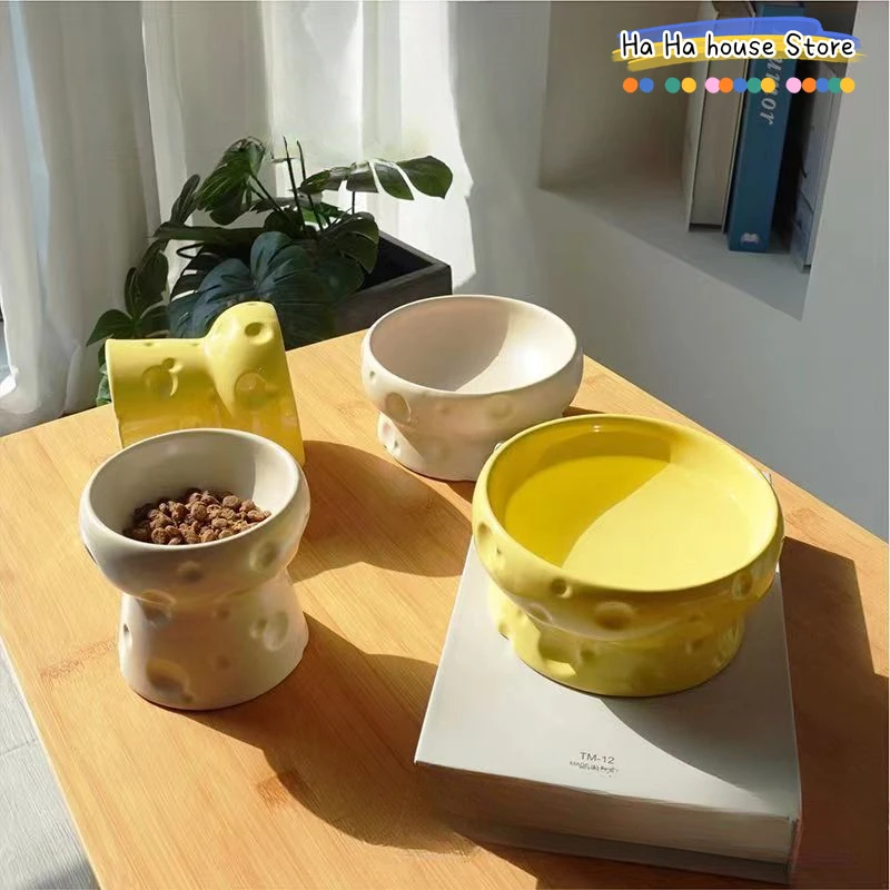 Cuenco de queso para mascotas, cuenco de cerámica bajo vidriado de Color plano para comida de gato, protección del cuello del pie alto, cuenco para perro, protección del cuello antigolpes
