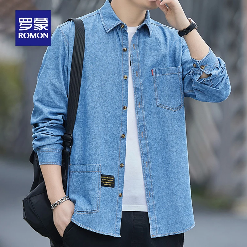 

Мужская джинсовая рубашка из чистого хлопка свободного кроя, модная повседневная рабочая одежда для весны и осени