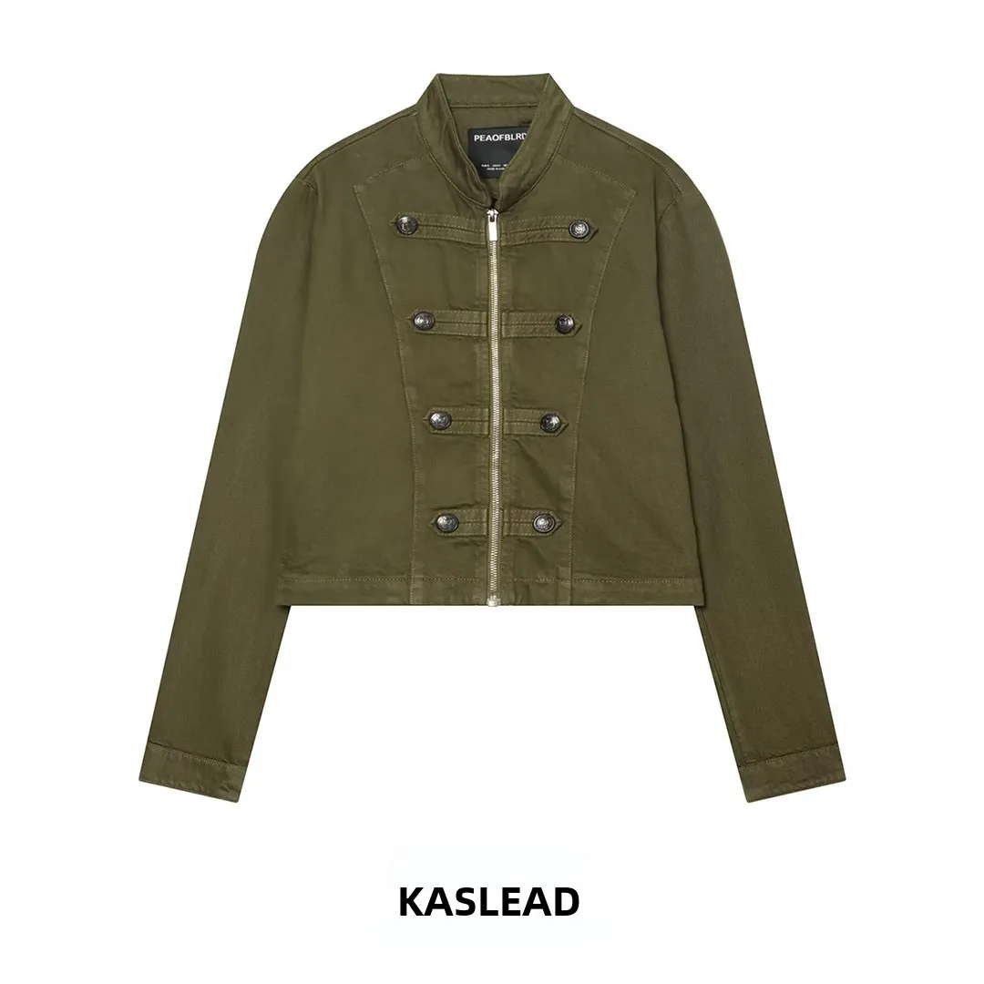 

KASLEAD Fashionable Short Denim Jacket Women's Straight Leg Zipper Closure Stand Collar Jacket Outerwear Polyester Fiber