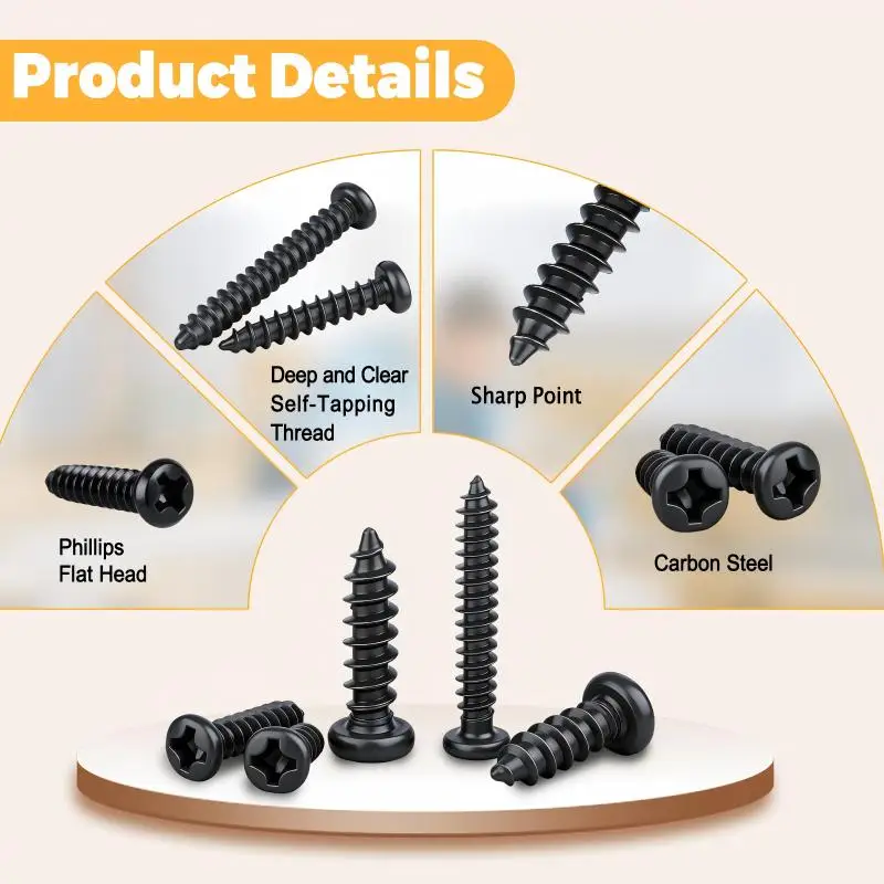 750-piece black M2 miniature self-tapping screw kit, for tightening wood screws and metal, suitable for home DIY.