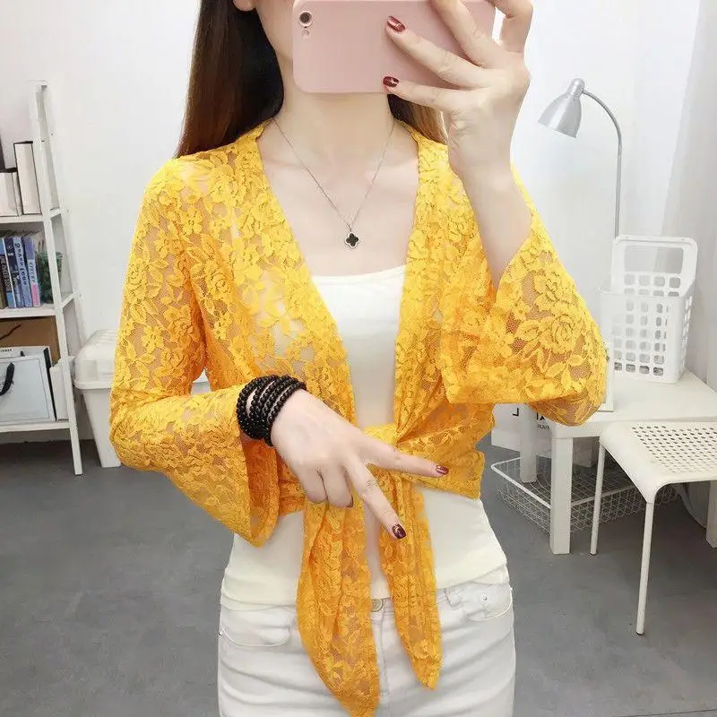 

Ort Кружевной солнцезащитный открытый кардиган женский Faionable Me ell Топ с вырезом в Корейском стиле Sle V-Ne Long Sve