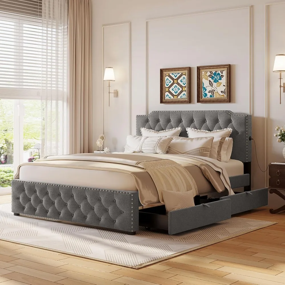 Modern Tufted Platform Bed with 2 Drawers and USB Charger Queen Upholstered Linen Bed Frame, No Box Spring Needed