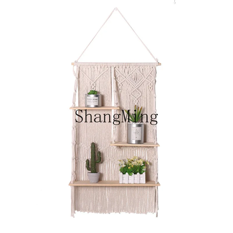 

DSA Modern Minimalist Hand Woven Wall Hanger Home Decor Tapestry Living Room Hanging Decoration Cotton Rope Wood Plank Shelf
