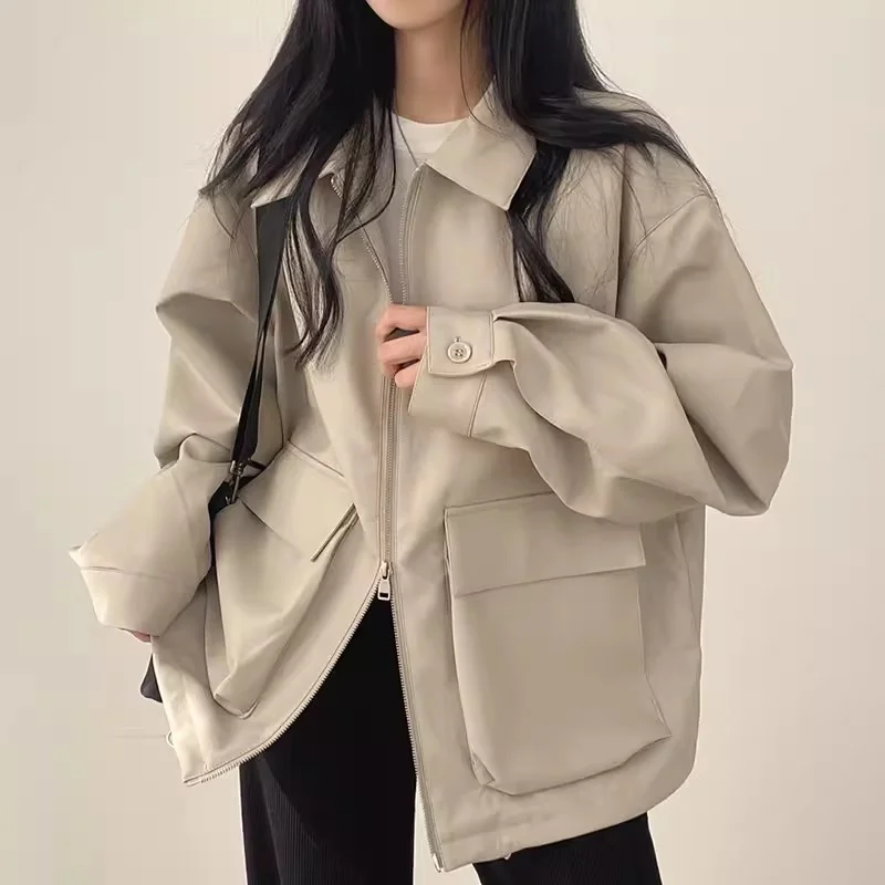 Chaqueta de cuero con cuello tipo Polo para mujer, cárdigan informal de manga larga con cremallera y Bolsillo grande, estilo Retro, primavera y otoño, 2024